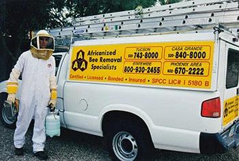 Sahuarita bee removal service truck and employee